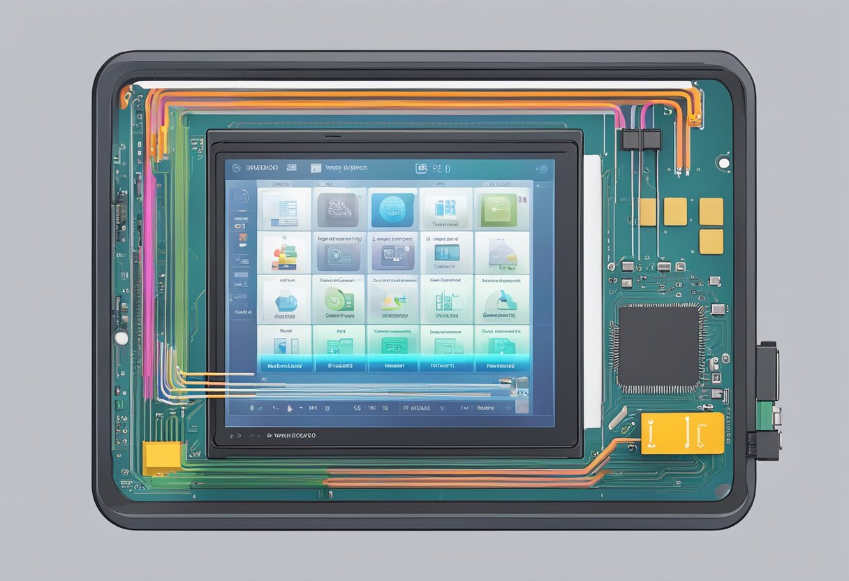 A hand holding an Arduino TFT LCD touch screen, with colorful graphics displayed on the screen and buttons for touch interaction