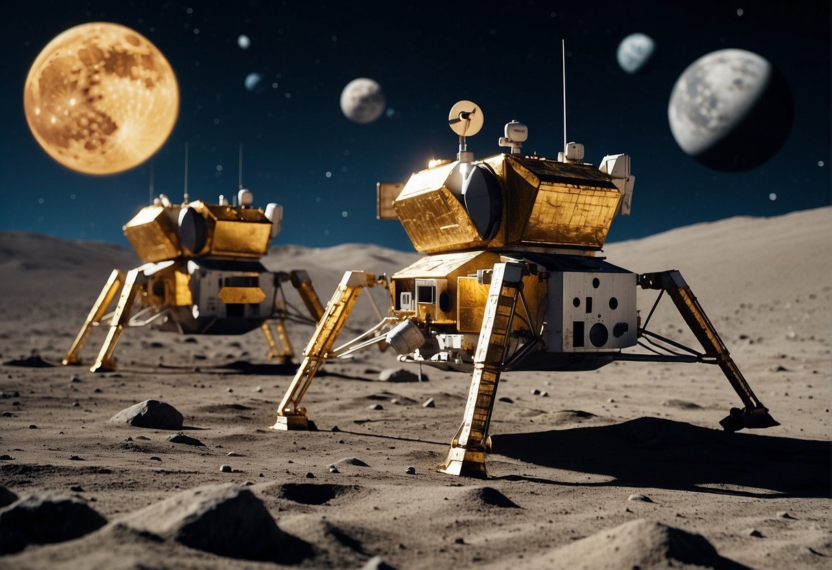 Apollo and Artemis lunar landers in various stages of development and landing on the moon's surface