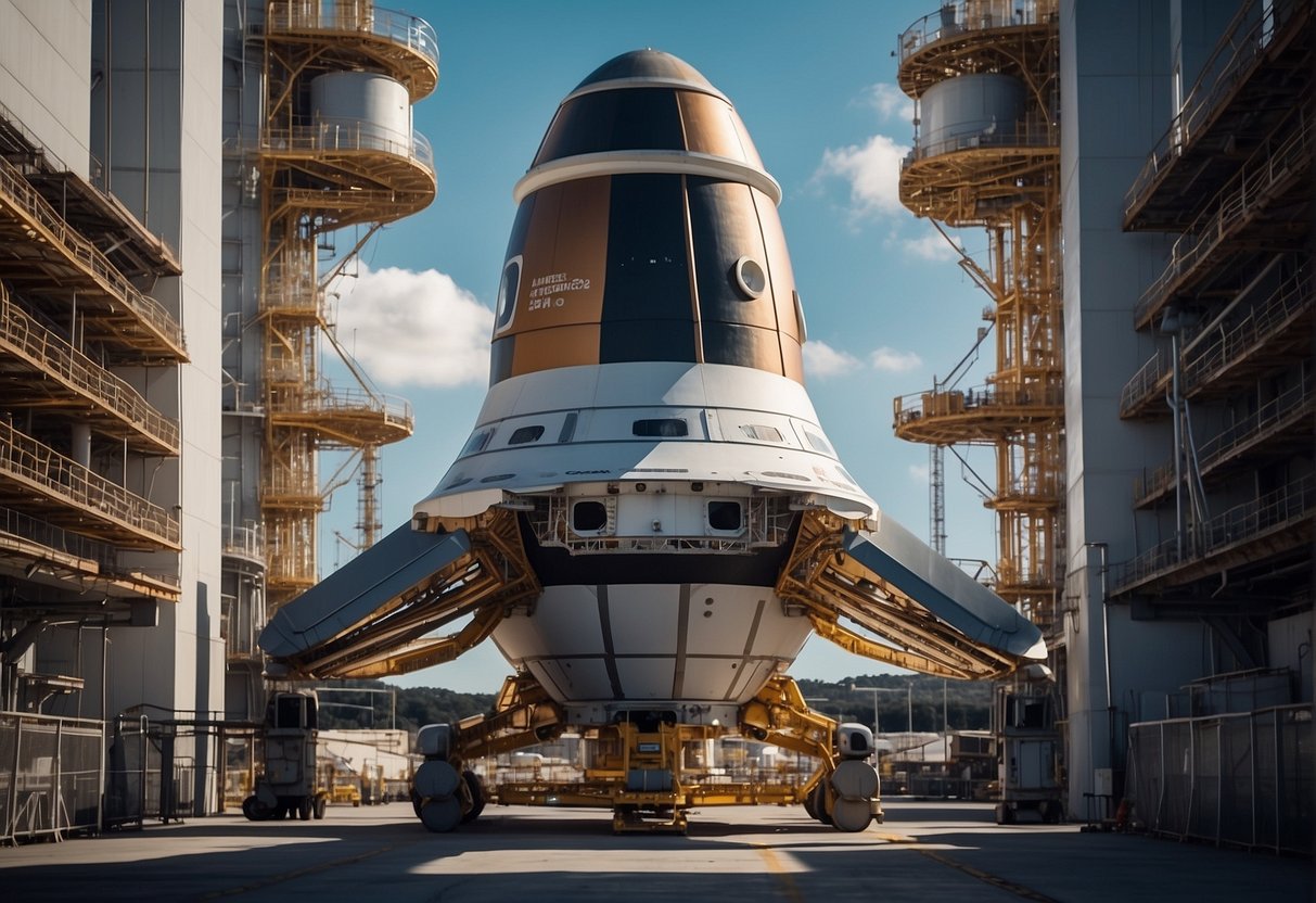 The Artemis spacecraft stands ready on the launch pad, surrounded by towering launch systems. The lunar lander evolution is depicted in the background