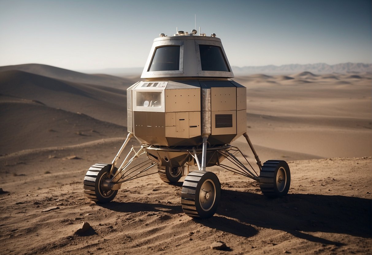 A lunar lander prototype sits on a dusty, cratered surface, with the Earth visible in the distance. The lander's sleek, futuristic design reflects the evolution from Apollo to Artemis missions