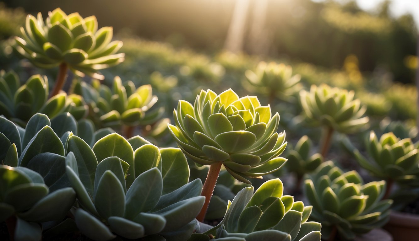 Aeonium Arboreum stands tall, its rosettes of succulent leaves reaching towards the sky.

The sunlight highlights the sculptural elegance of its form, with each leaf delicately curving and overlapping, creating a stunning natural display