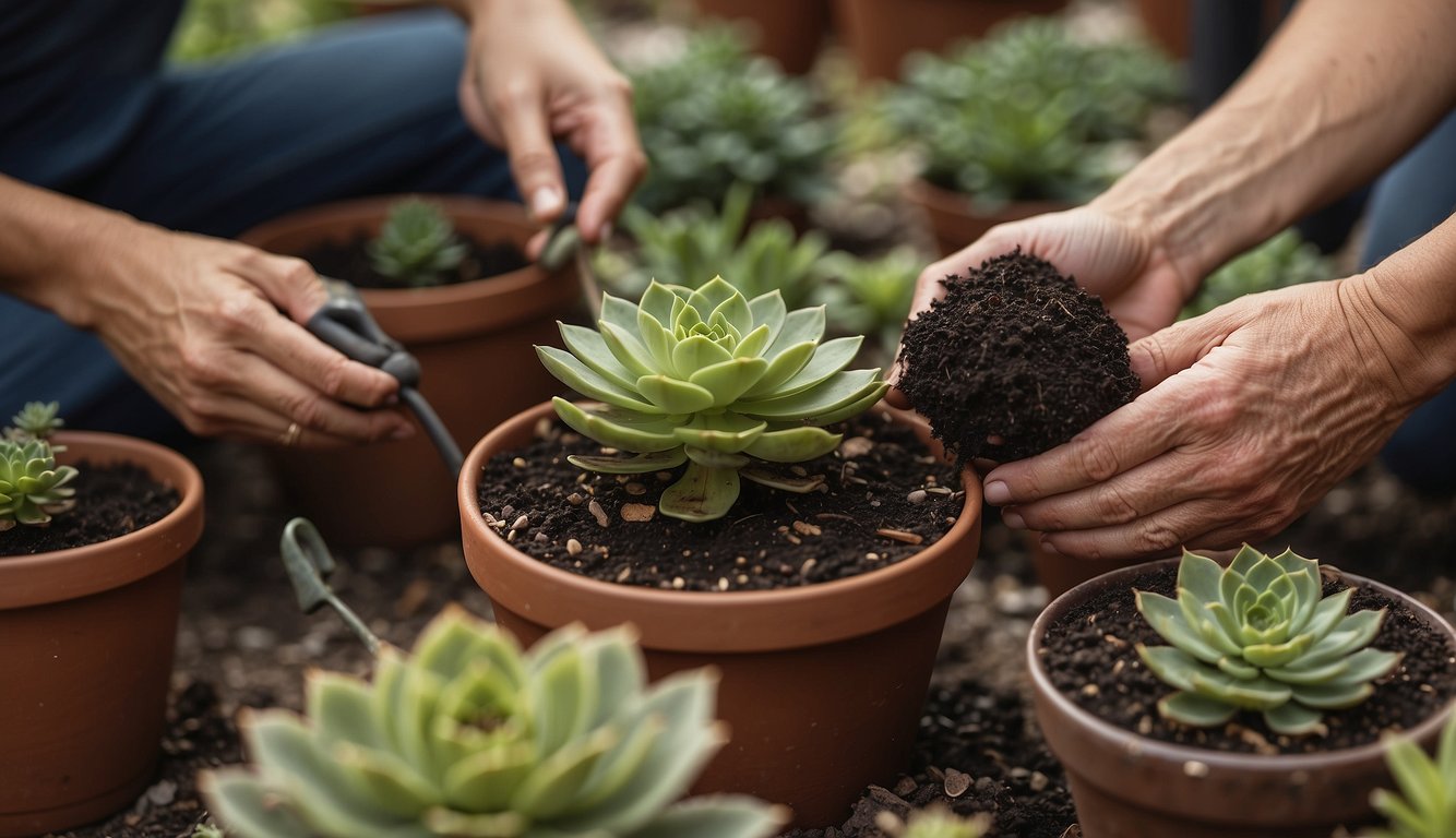 A pair of hands carefully repotting an Aeonium arboreum, surrounded by pots, soil, and gardening tools.

The succulent's sculptural elegance is highlighted as it is lovingly cared for