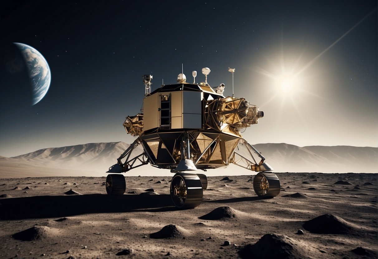 A sleek, modern lunar lander descends gracefully onto the rugged surface of the moon, with the Earth visible in the background. The lander is equipped with advanced scientific instruments and cutting-edge technology