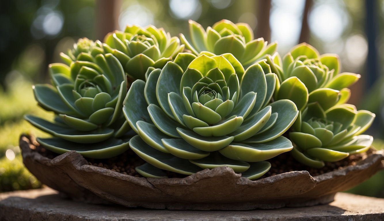 Aeonium arboreum plant surrounded by sculptural elements, with a backdrop of a serene garden setting