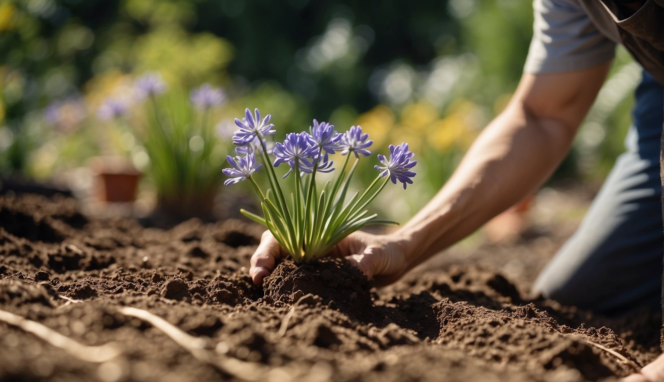 A gardener digs a hole, places an Agapanthus Africanus plant inside, and gently covers the roots with soil.

Sunlight filters through the leaves as the plant takes root in the well-prepped garden bed