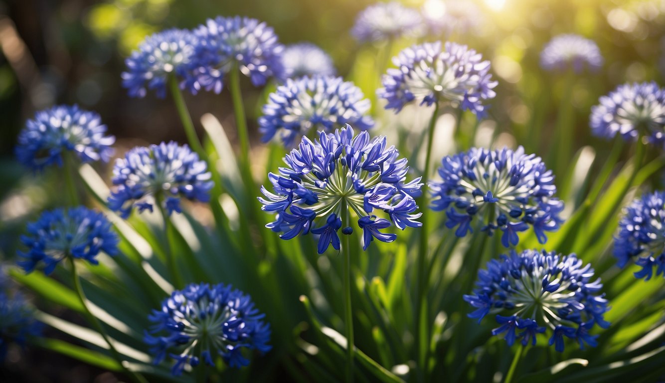 Lush green leaves surround a cluster of vibrant blue Agapanthus Africanus flowers, basking in the warm sunlight of a well-tended garden