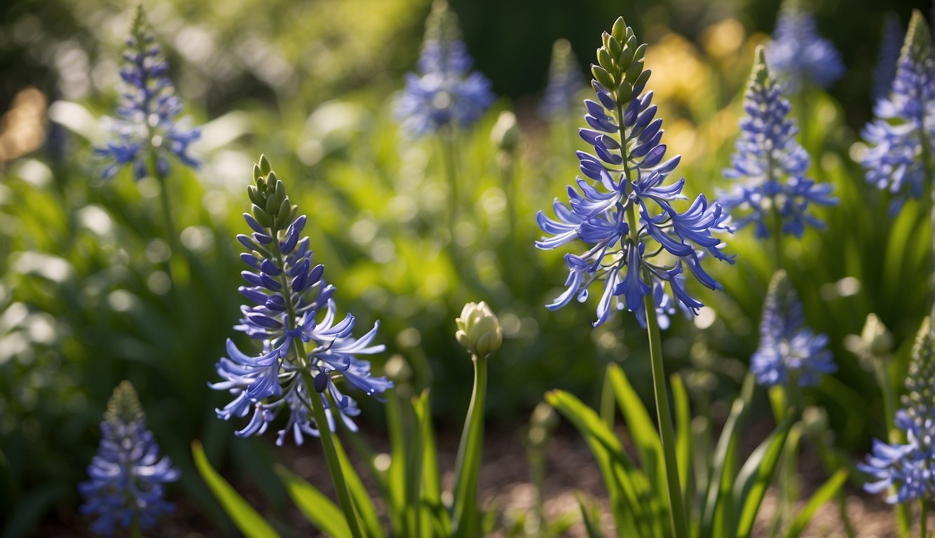Lush garden with Agapanthus Africanus plants in various stages of growth.

Some are blooming with vibrant blue flowers, while others are still in bud. The plants are surrounded by rich, green foliage and bathed in warm sunlight