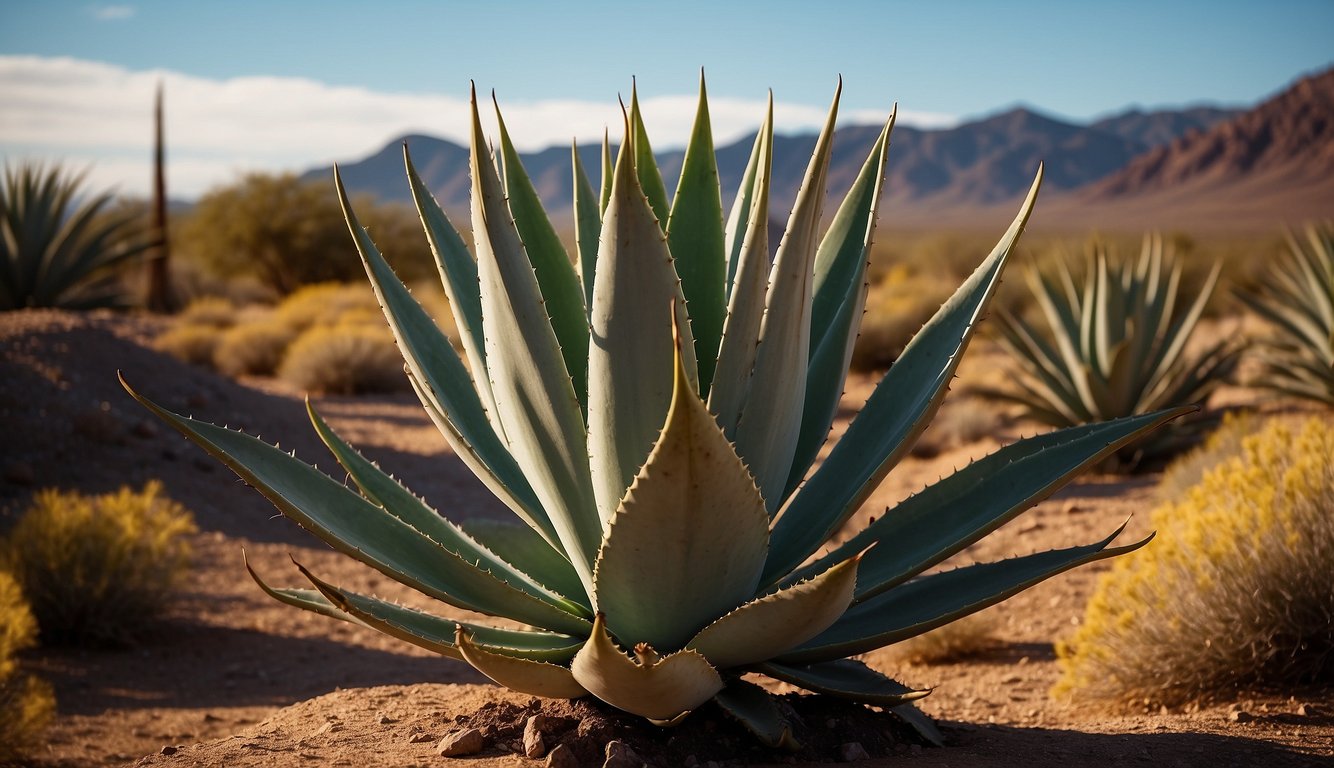 The royal agave stands tall in a desert landscape, surrounded by rocky terrain and sparse vegetation.

The sun casts a warm glow on its striking, symmetrical leaves, creating a dramatic and regal atmosphere