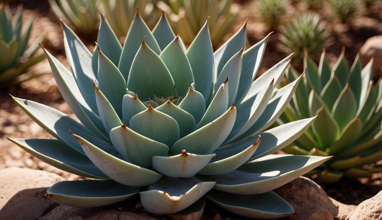 The royal agave plant is being carefully tended to in a sunny desert garden, surrounded by rocky terrain and other succulents