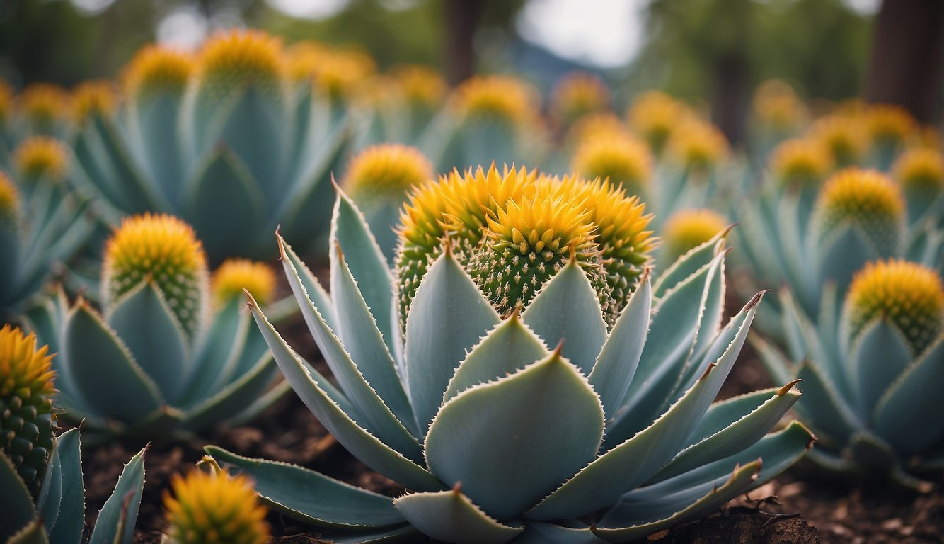 Royal Agave surrounded by small offsets, or "pups," emerging from the base.

Mature plant stands tall with striking, symmetrical leaves forming a rosette shape