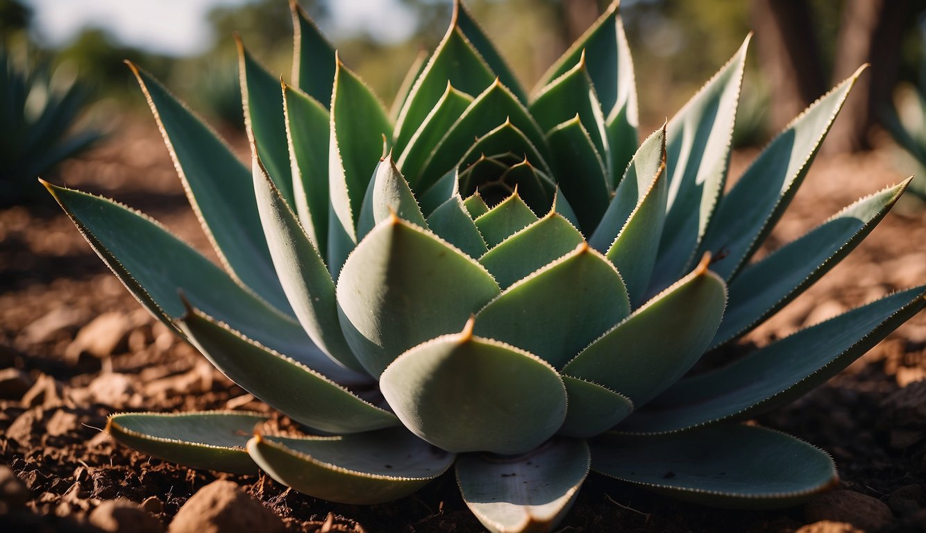 The agave plant is surrounded by healthy soil, free of pests and diseases.

It stands tall and proud, with vibrant green leaves forming a perfect rosette shape