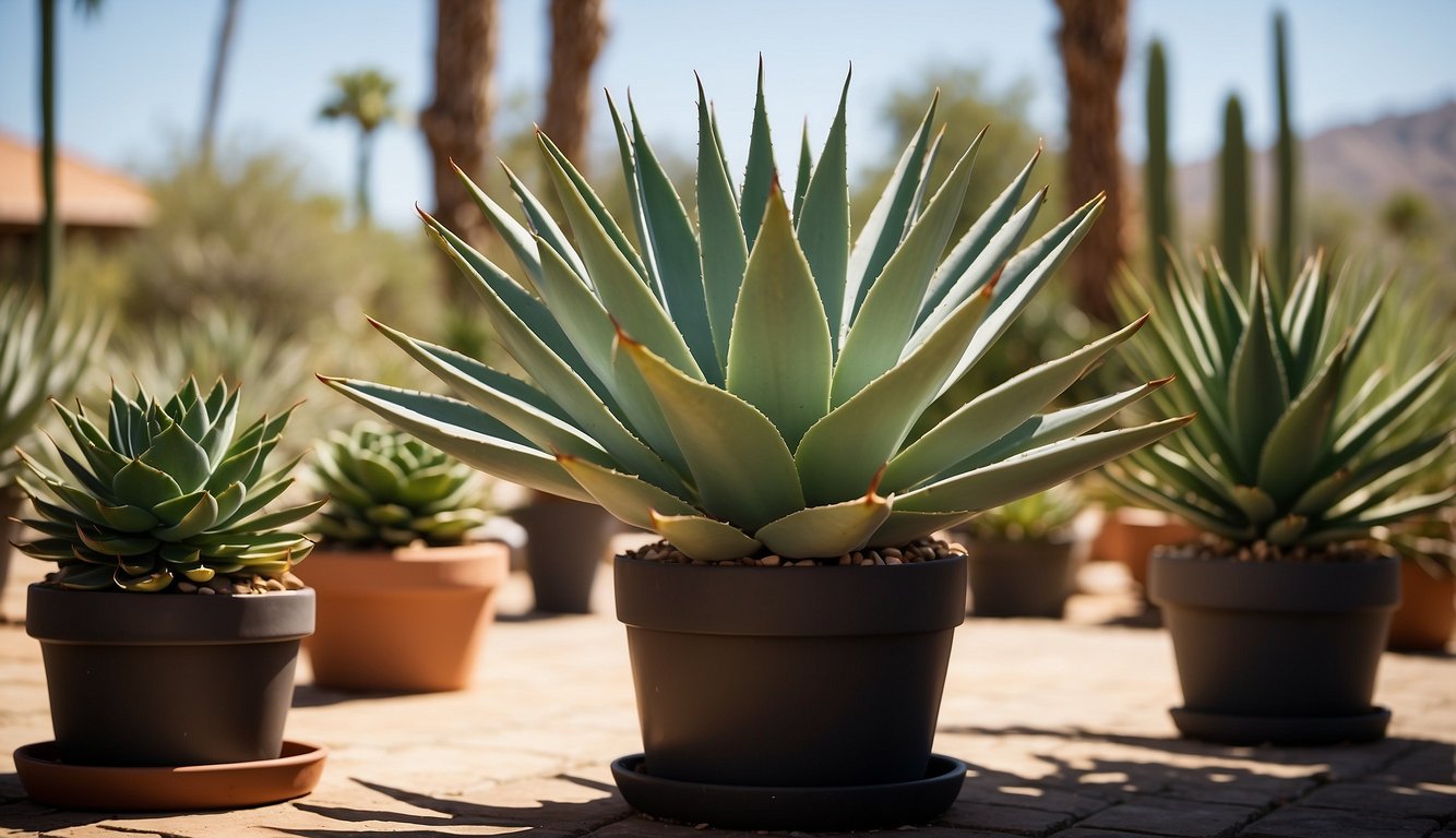A potted Agave Victoriae-Reginae sits on a sun-drenched patio, surrounded by succulents and cacti.

The plant's striking, symmetrical leaves form a perfect rosette, with sharp, toothed edges