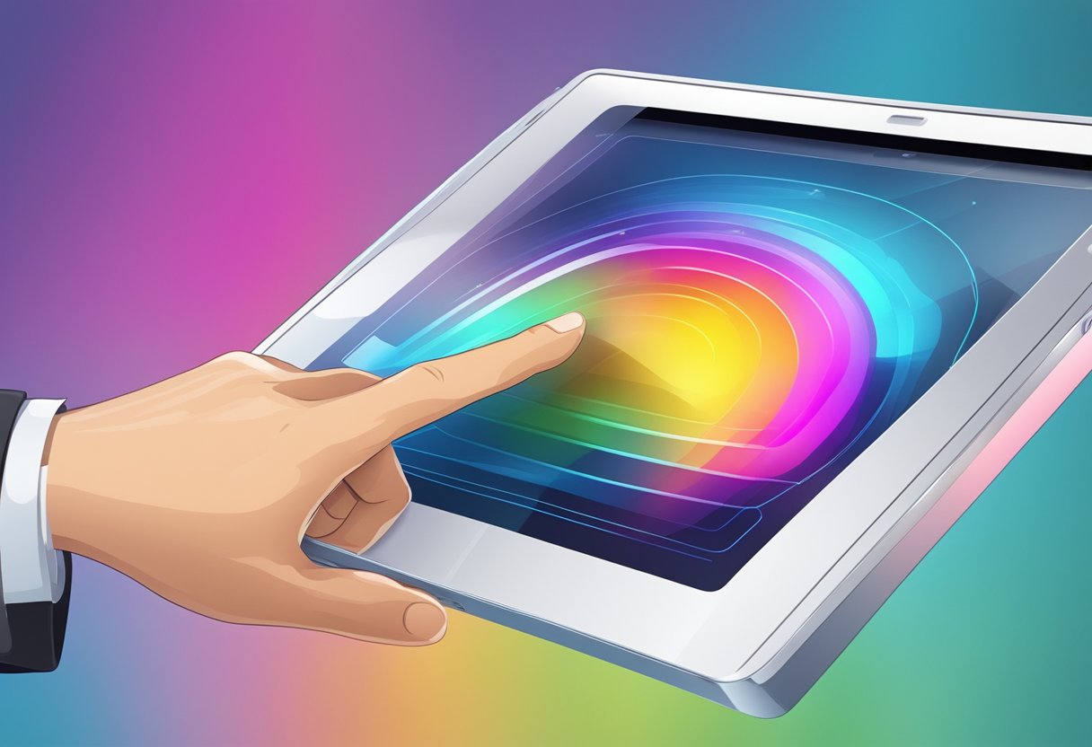 A finger taps a sleek LCD touch screen, displaying vibrant colors and responsive interface