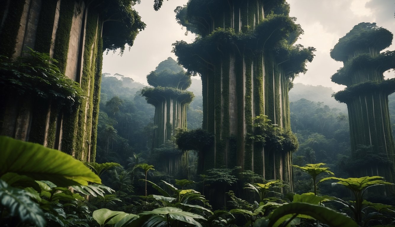 A massive Alcantarea Imperialis towers above the lush rainforest floor, its broad leaves reaching towards the sky.

The vibrant plant commands attention with its impressive size and striking beauty