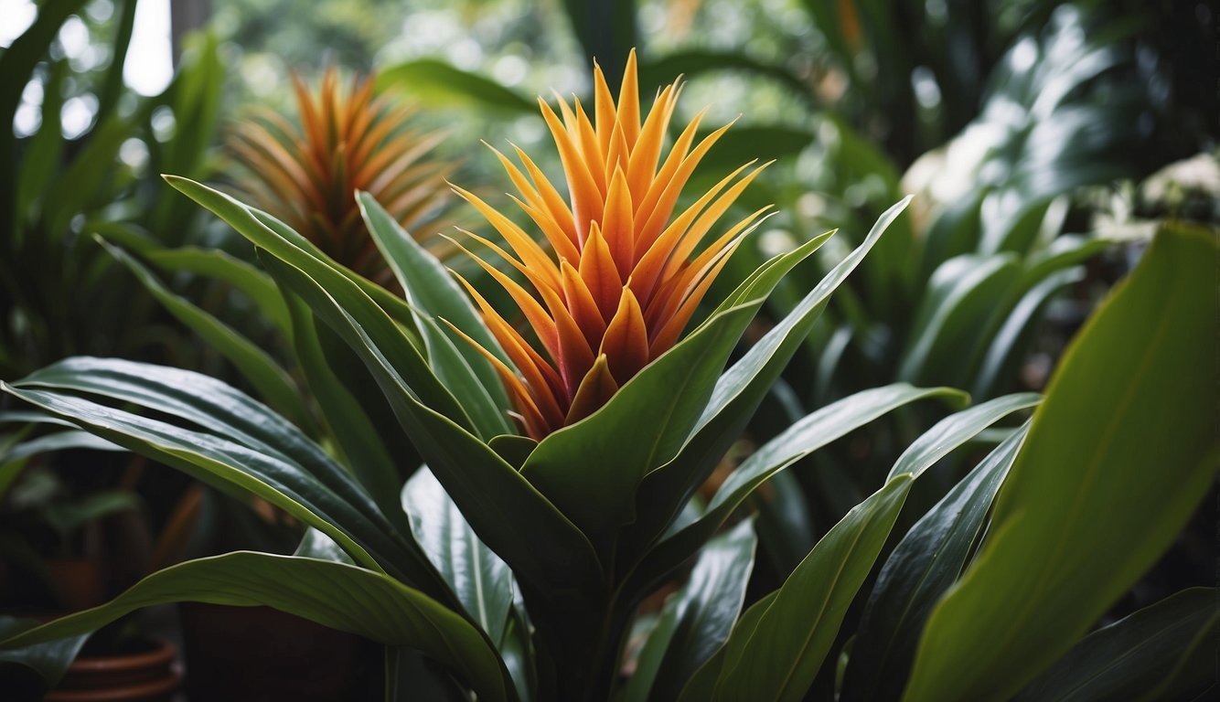 A lush garden showcases Alcantarea Imperialis, a towering bromeliad.

Its massive, spiky leaves create a striking focal point in the landscaped setting