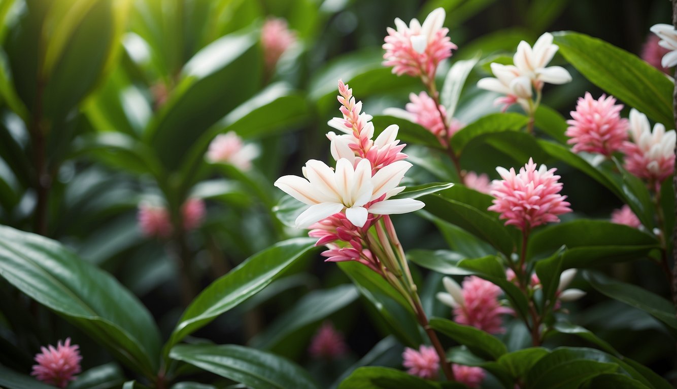 Lush green foliage of Alpinia Zerumbet in a tropical garden setting, with vibrant pink and white shell-like flowers blooming among the leaves
