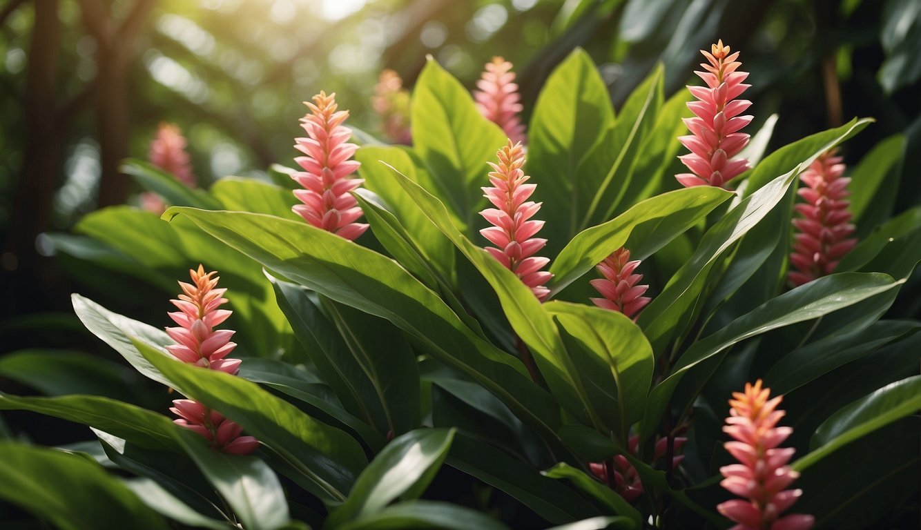 Lush green foliage of Alpinia Zerumbet with vibrant pink shell-like flowers, surrounded by rich, well-draining soil and dappled sunlight
