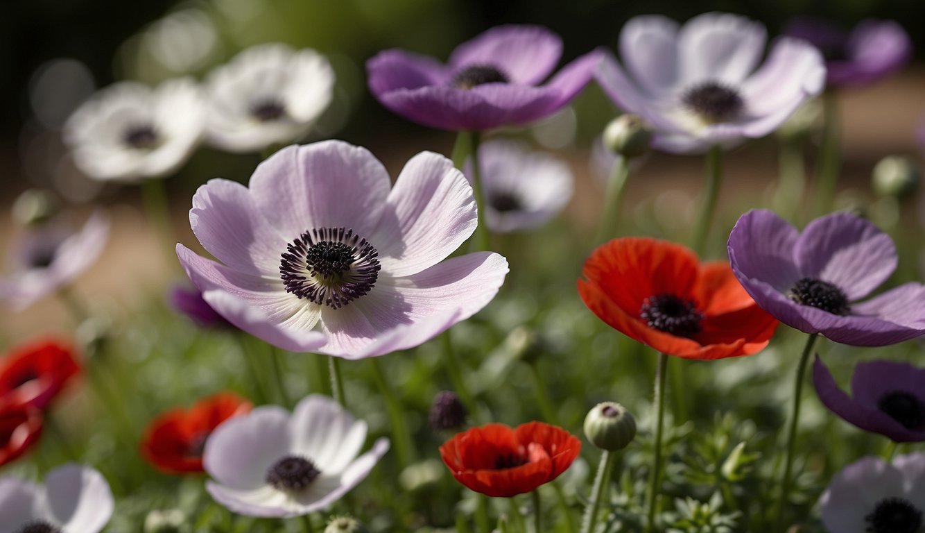 Vibrant Anemone Coronaria blooms sway in a sunny garden, creating a colorful dance of red, purple, and white petals
