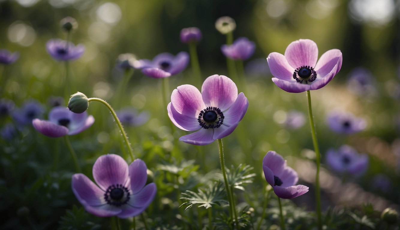Anemone Coronaria blooms in a vibrant garden, swaying in the breeze, surrounded by lush greenery