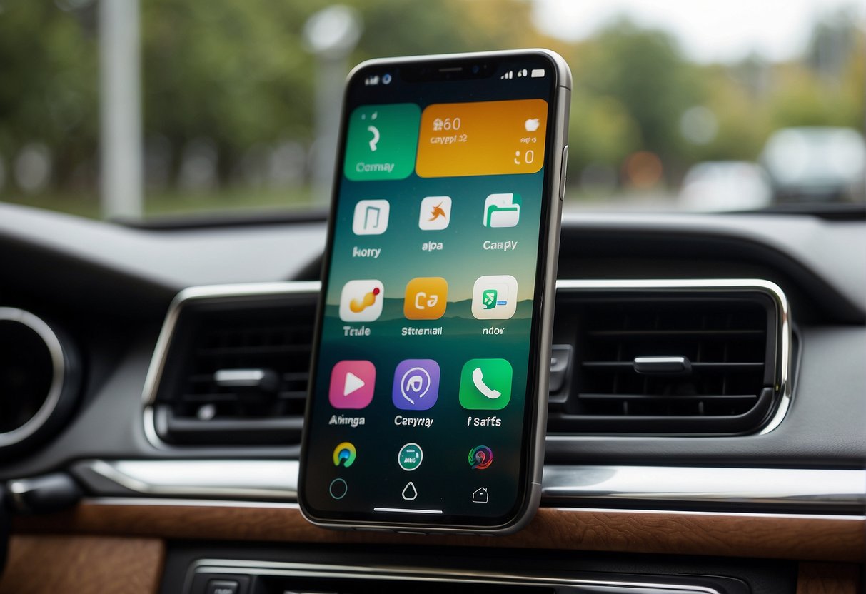 An Android phone connects to an Apple CarPlay interface, displaying compatible apps and features on the car's infotainment system