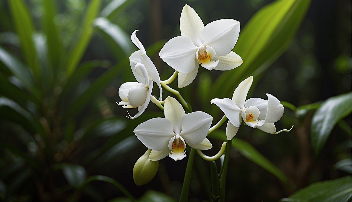 A white Angraecum Sesquipedale orchid blooms against lush green foliage in the tropical rainforest of Madagascar