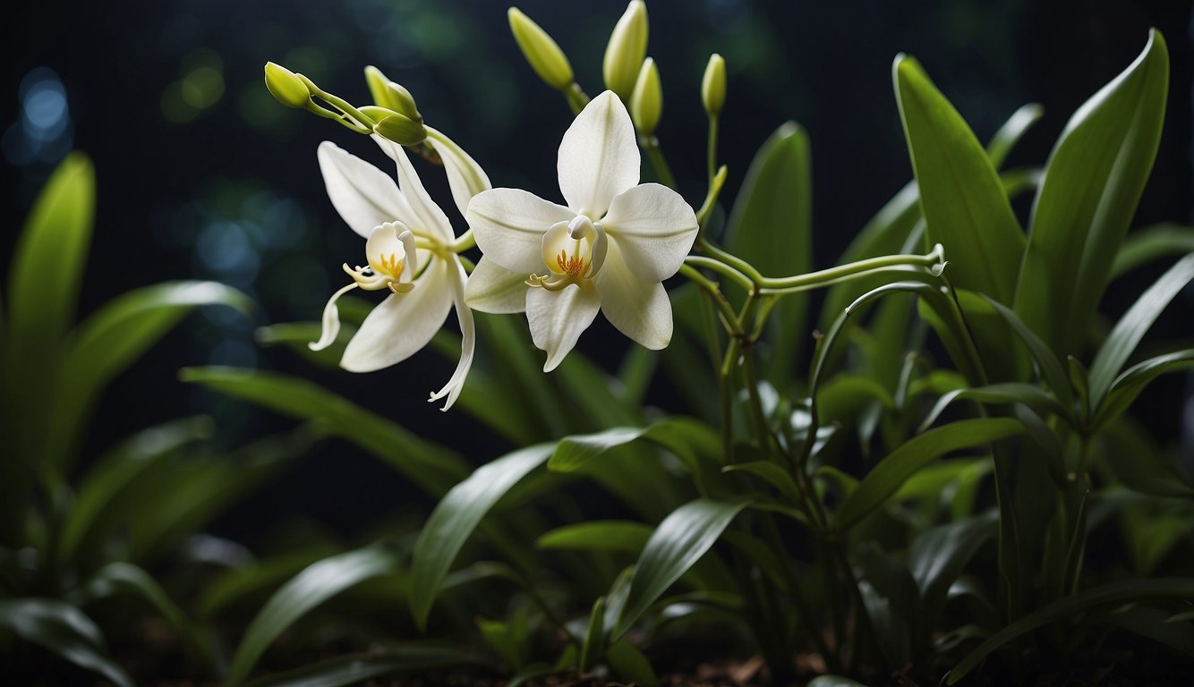 Angraecum Sesquipedale orchid blooms under the moonlight, surrounded by lush green leaves and delicate vines, showcasing its elegant and intricate star-shaped petals