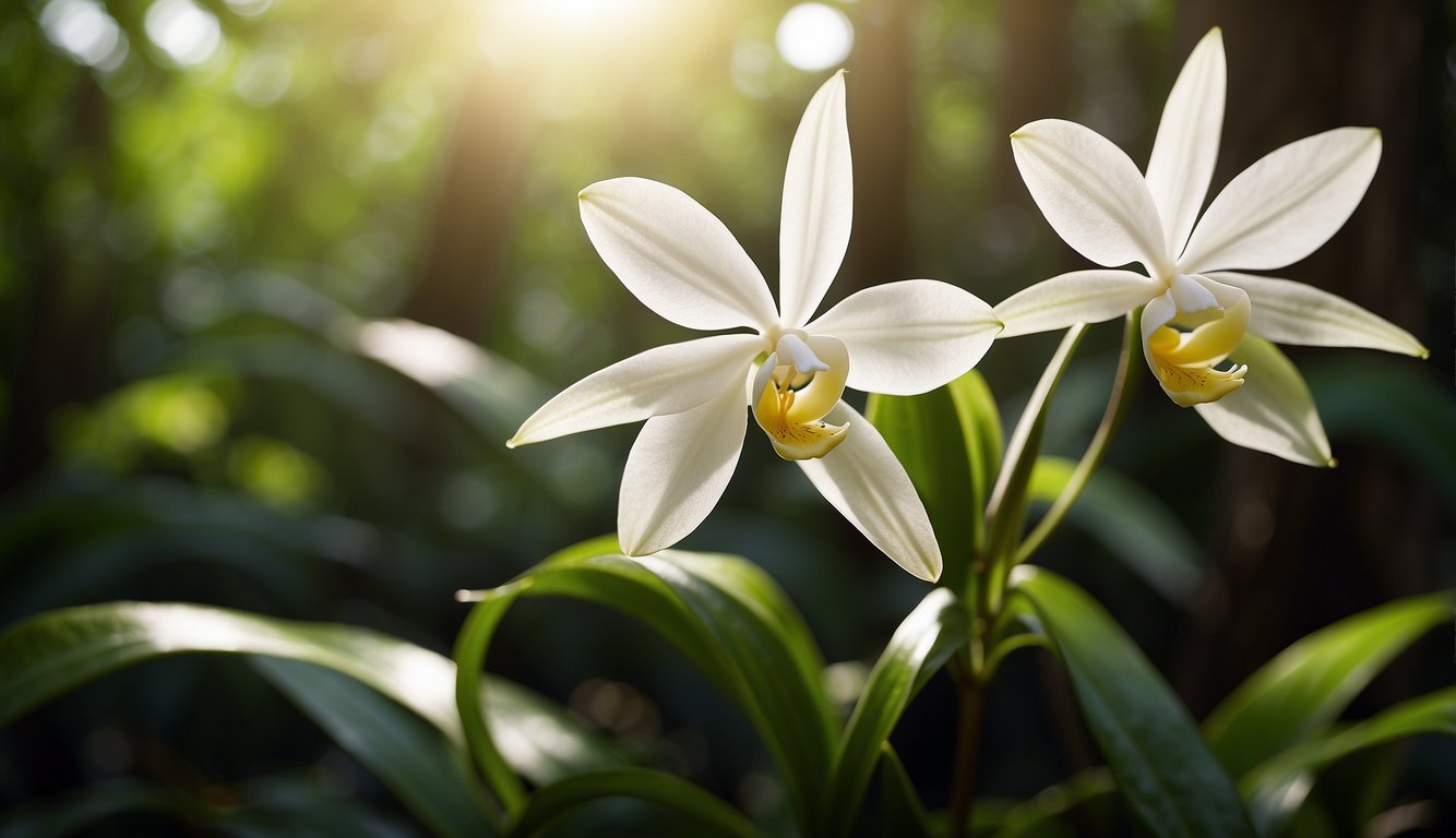 A lush, tropical forest with towering trees and vibrant foliage.

A single Angraecum Sesquipedale orchid blooms, its long white petals reaching towards the sunlight