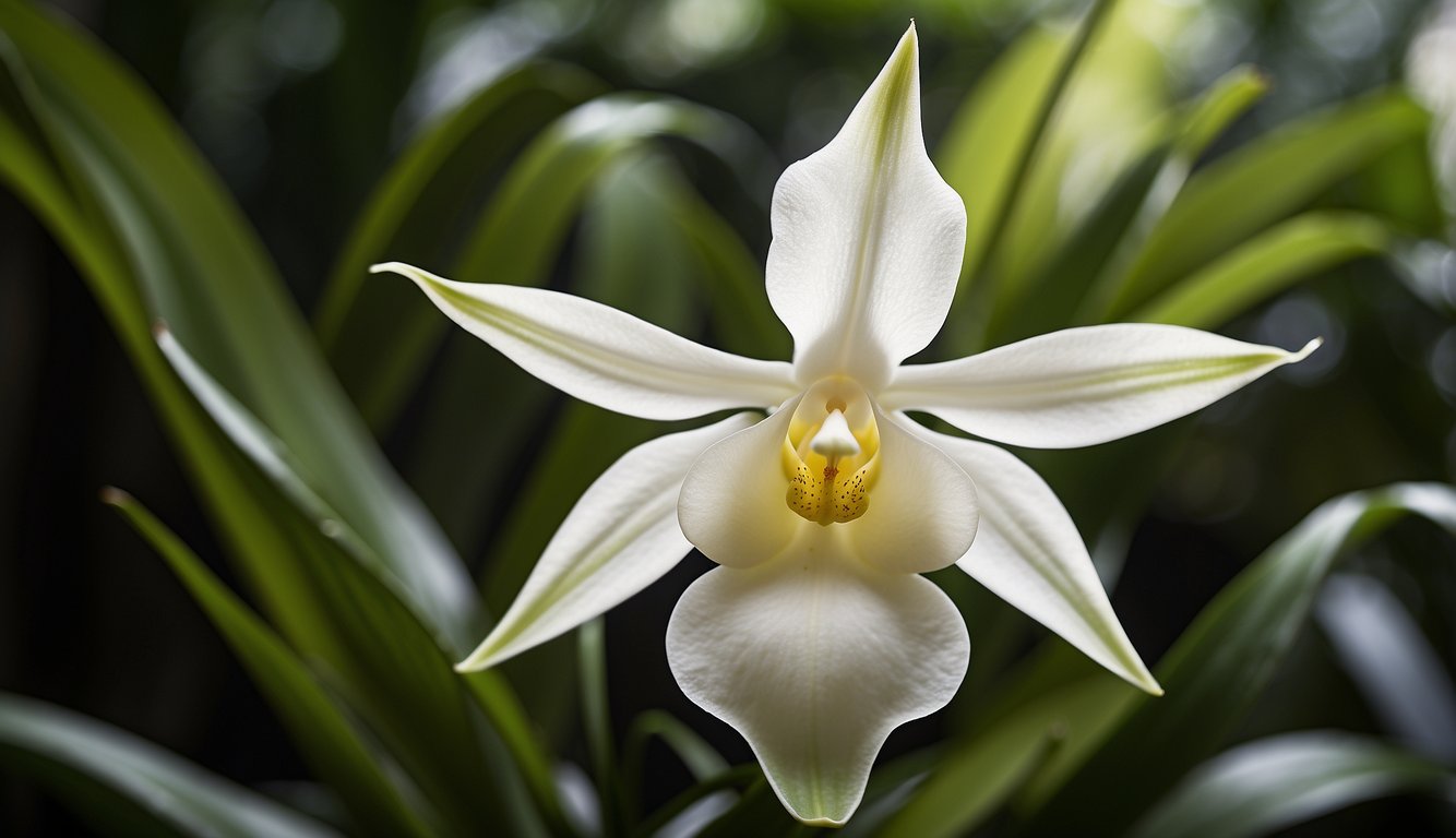 A white Angraecum sesquipedale orchid blooms against lush green leaves.

Its long, slender petals extend gracefully, drawing the viewer's gaze