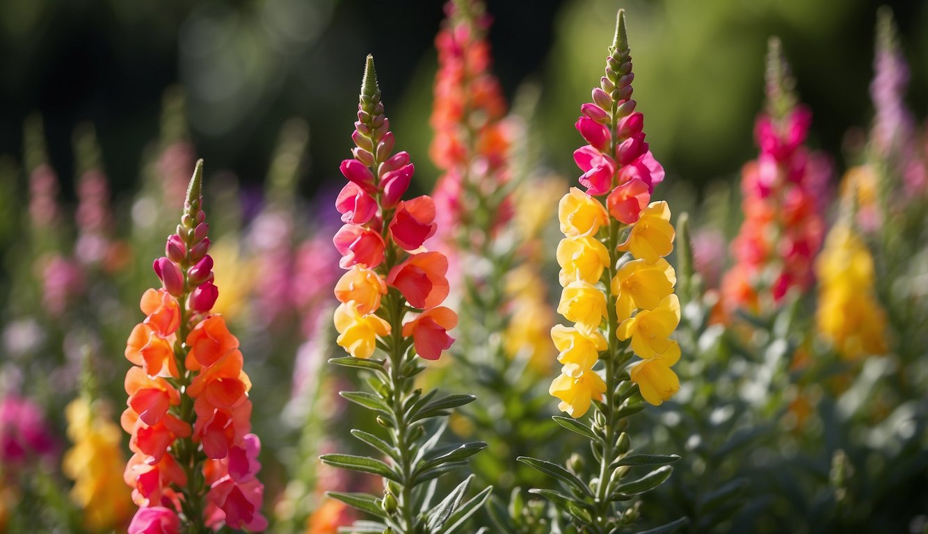 A vibrant garden scene with Antirrhinum Majus flowers in full bloom, showcasing the classic snapdragon's tall, colorful spikes and distinctive snapdragon-shaped blossoms