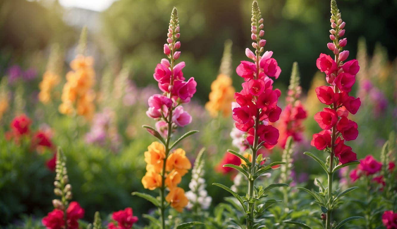 A vibrant garden bed showcases tall stalks of Antirrhinum Majus, with colorful snapdragon flowers in full bloom, surrounded by lush green foliage