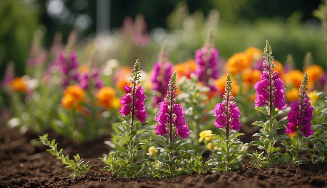 A vibrant garden bed with tall, colorful Antirrhinum Majus flowers in full bloom, surrounded by carefully tended soil and lush green foliage