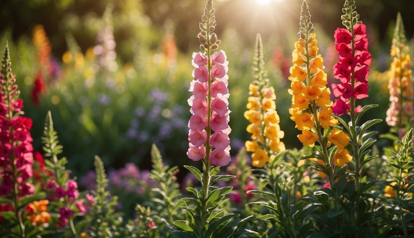 A vibrant garden with a variety of Antirrhinum Majus (Snapdragon) flowers in different colors and sizes, surrounded by lush green foliage.

The sun is shining, casting a warm glow on the scene