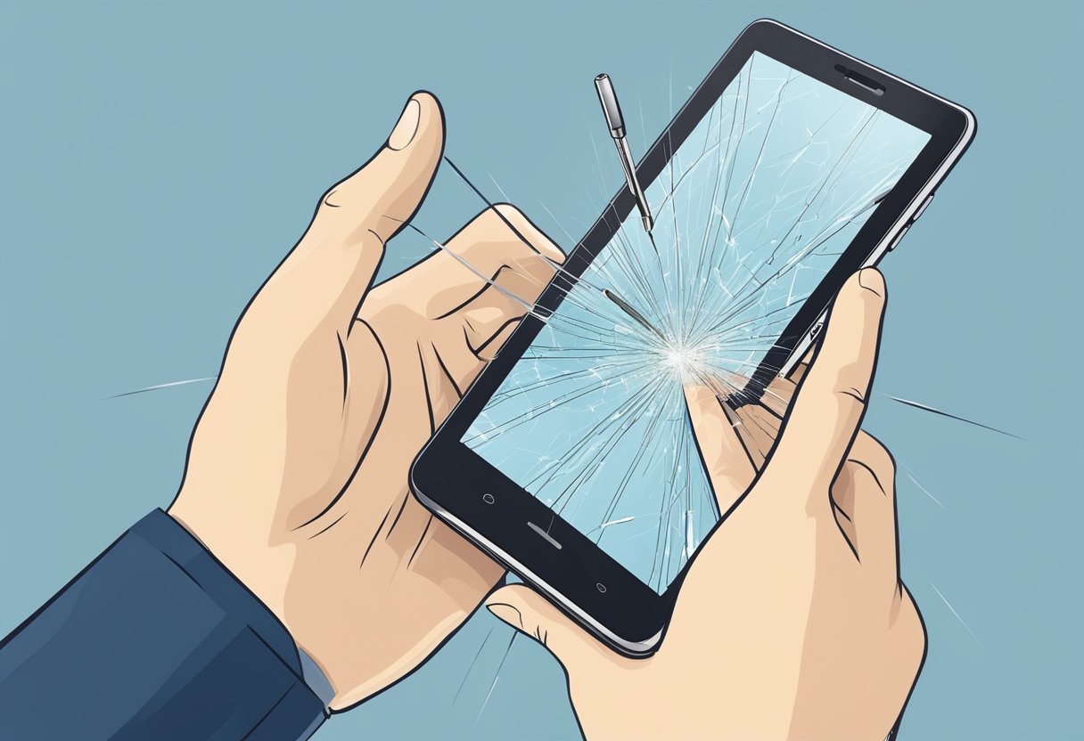 A hand reaching to replace a cracked LCD touch screen digitizer on a smartphone