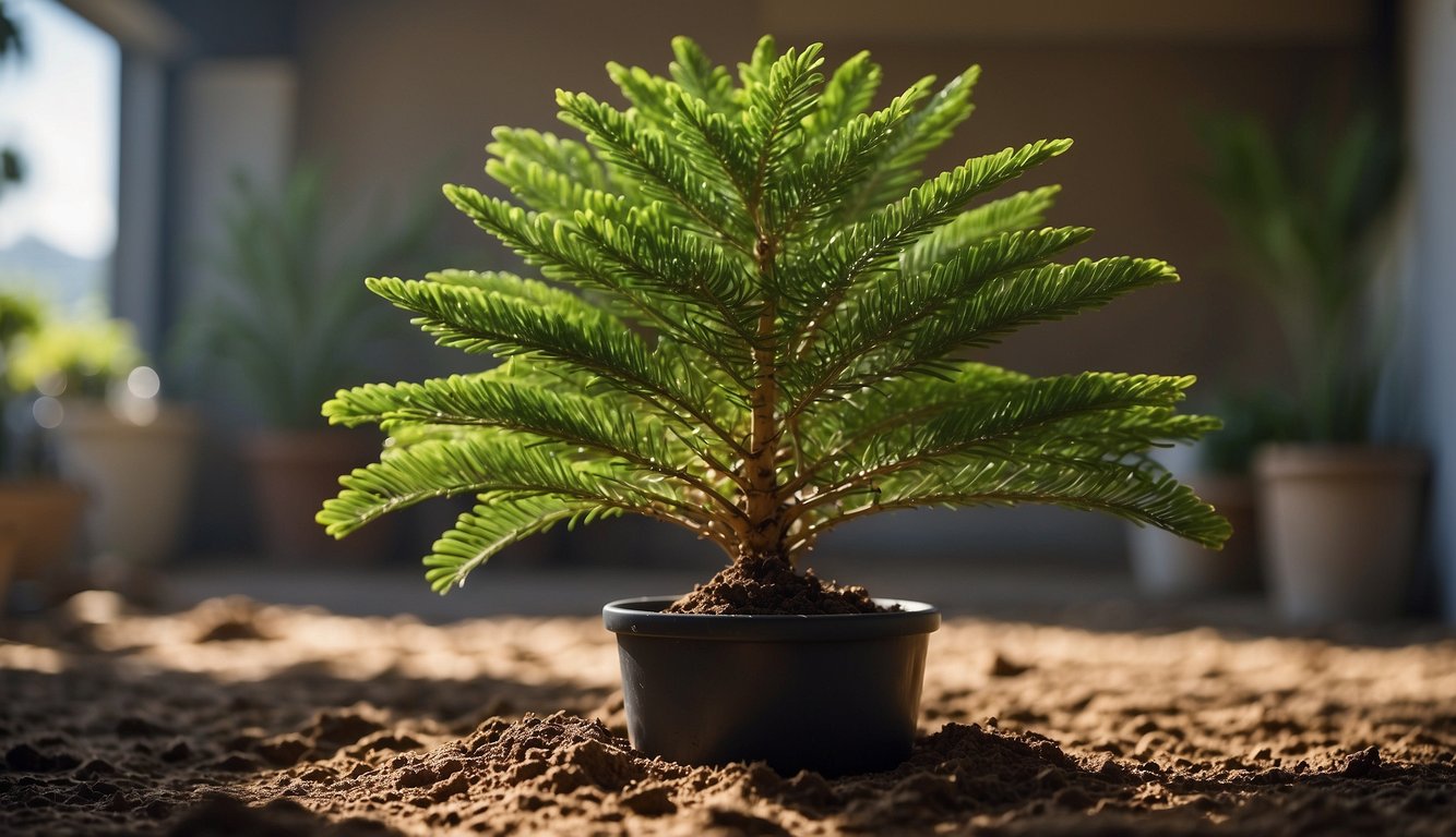 A Norfolk Island pine stands tall in a sunny room, surrounded by well-draining soil and receiving indirect sunlight.

It is watered regularly and has a healthy, vibrant green appearance