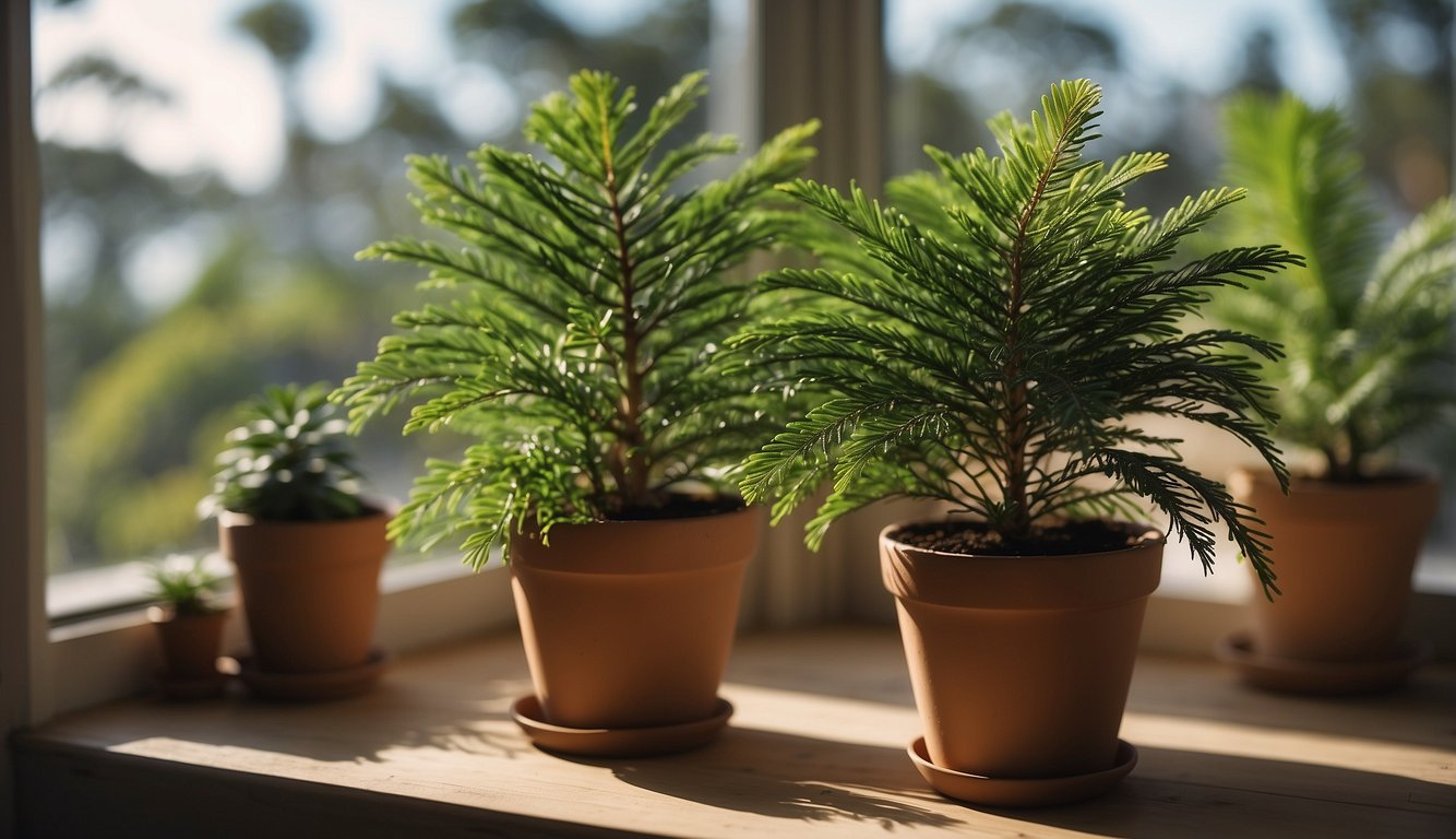 A Norfolk Island Pine sits on a sunny windowsill, surrounded by a few small pots of soil and a watering can.

The plant looks healthy and vibrant, with lush green needles and a straight, sturdy trunk
