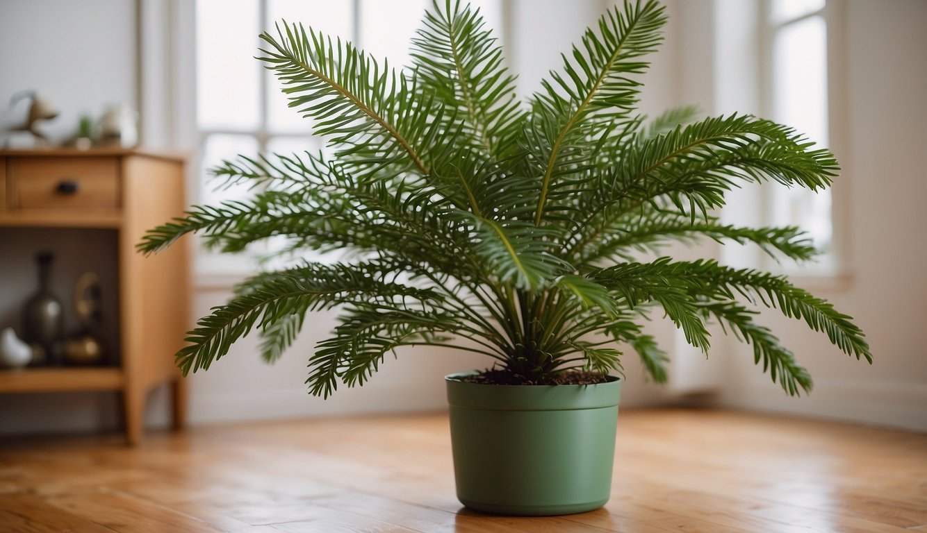The Norfolk Island Pine stands tall in a bright, airy room.

Its lush, green branches reach out in all directions, showcasing its vibrant and healthy foliage.

A small watering can sits nearby, ready to provide the plant with the care it needs