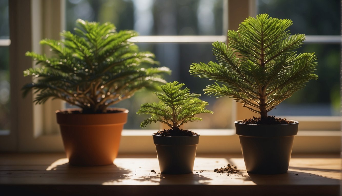 A hand holding a small Norfolk Island Pine, with a trowel and potting soil nearby.

A larger pot sits ready for repotting. Sunlight filters through a nearby window