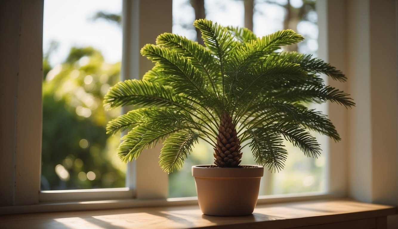 A Norfolk Island pine stands tall in a bright, airy room.

Sunlight streams in through the window, casting a warm glow on the tree's lush, green foliage