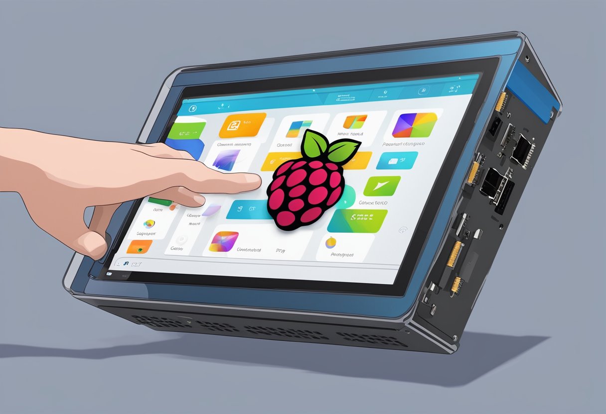 A hand reaches out to touch the 7" LCD screen connected to a Raspberry Pi, displaying a colorful interface