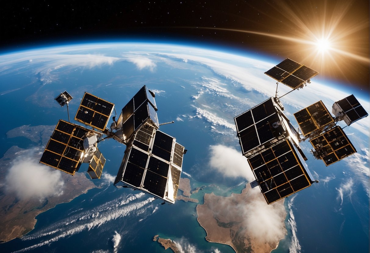 A group of CubeSats orbiting Earth, transmitting data and images. Some are equipped with solar panels, others with communication antennas. The vastness of space surrounds them, highlighting their role in space research and communication