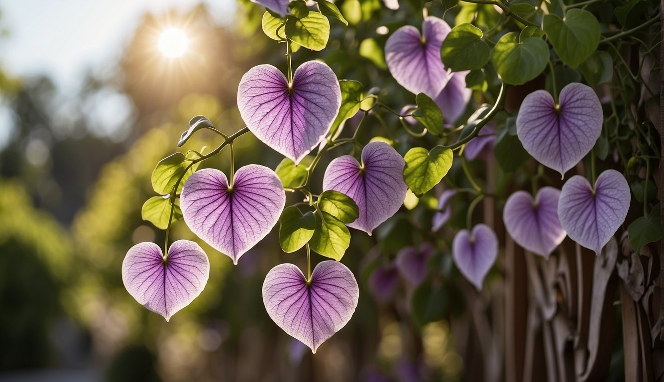 The Argyreia Nervosa plant winds its way up a wooden trellis, its large, heart-shaped leaves glistening in the sunlight.

Purple and white trumpet-shaped flowers bloom along the vine, creating a mesmerizing and psychedelic display