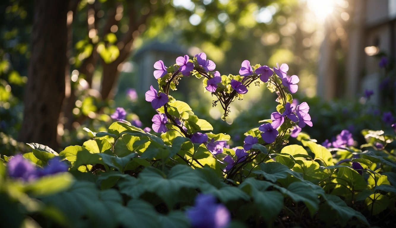 Lush garden with climbing vines, large heart-shaped leaves, and trumpet-shaped purple flowers.

Bright sunlight filters through the foliage, creating dappled shadows on the ground