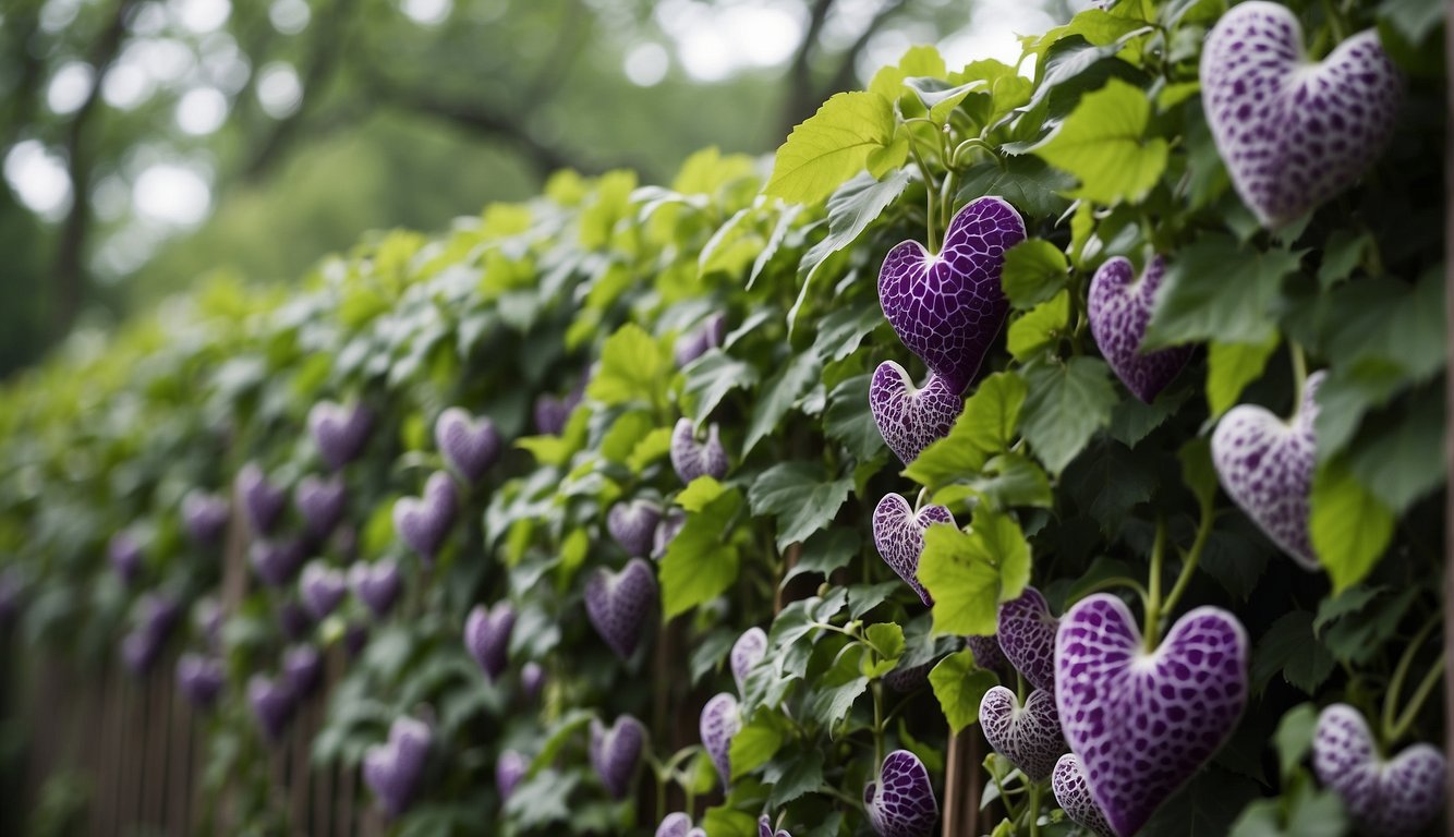 Lush green vines climb a tall trellis, adorned with large, heart-shaped leaves.

Vibrant purple and white flowers bloom among the foliage, exuding a mystical and enchanting aura