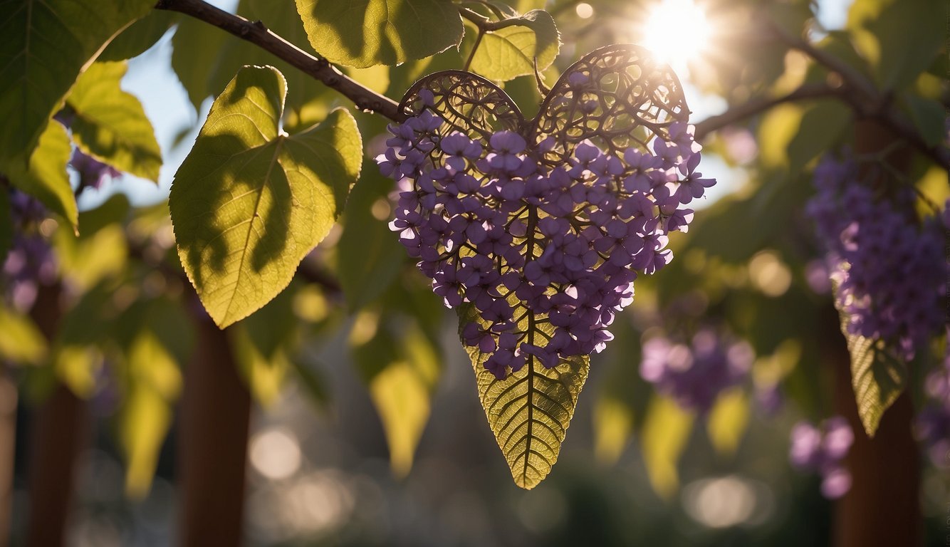 A vibrant Argyreia Nervosa vine winds around a wooden trellis, its large heart-shaped leaves and delicate purple flowers catching the sunlight