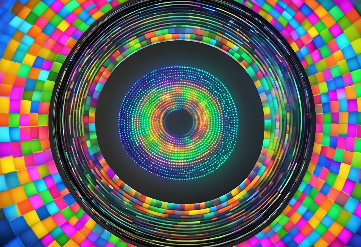 A circular LCD touch screen glowing with colorful pixels