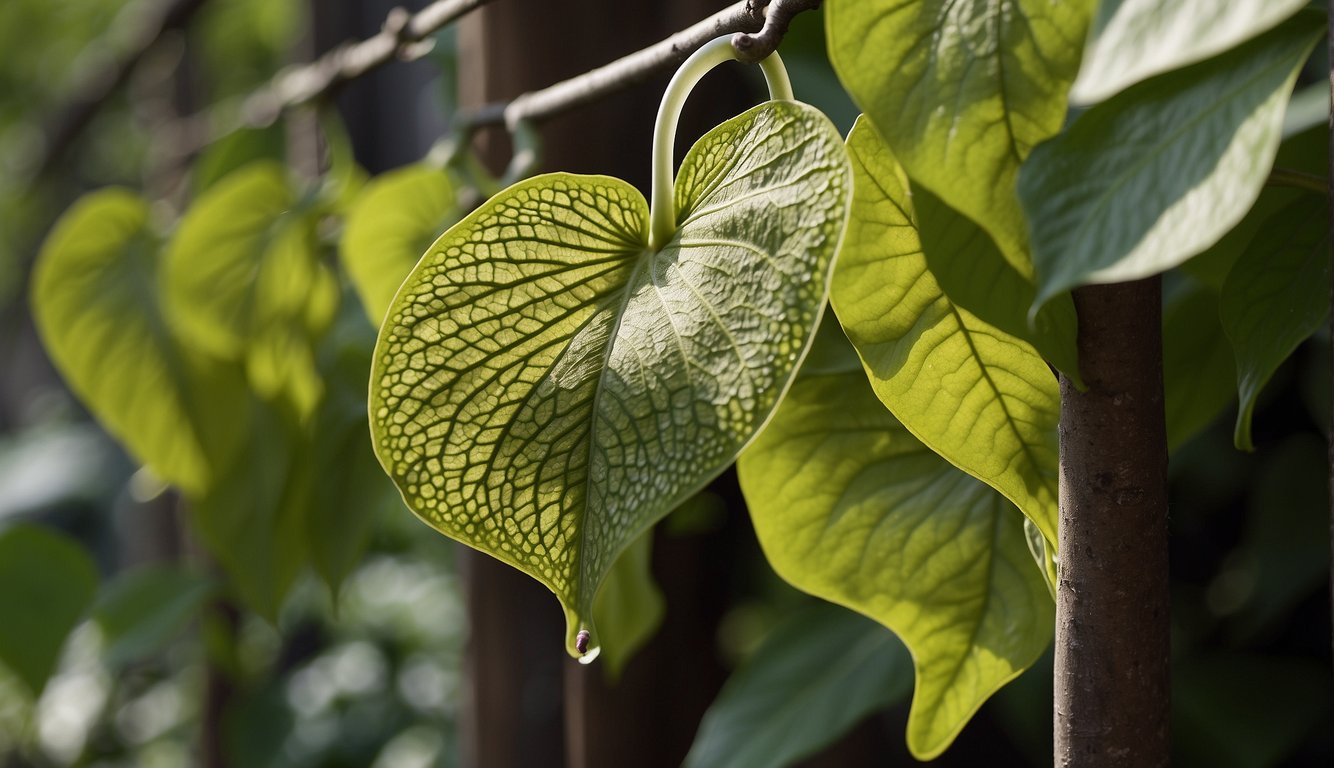 Aristolochia Gigantea climbs a trellis, its heart-shaped leaves and unusual pipe-shaped flowers creating a striking visual display