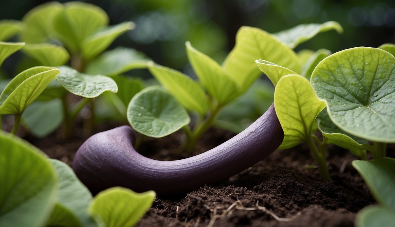 Aristolochia Gigantea blooms in a lush garden, its unique pipe-shaped flowers draw in curious onlookers.

The plant is surrounded by carefully tended soil and receives gentle sunlight filtering through the leaves