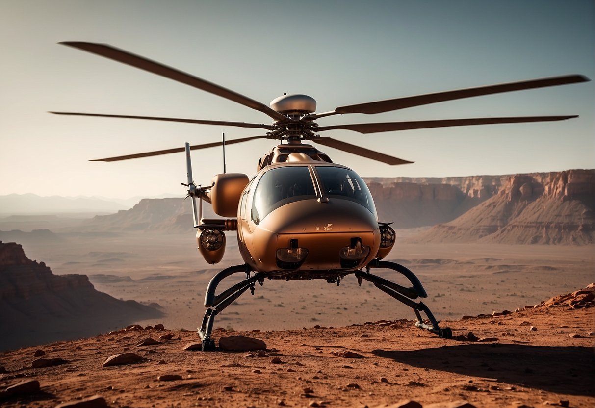The Mars helicopter, Ingenuity, hovers above the red planet's rocky terrain, its rotors spinning rapidly as it explores the Martian landscape