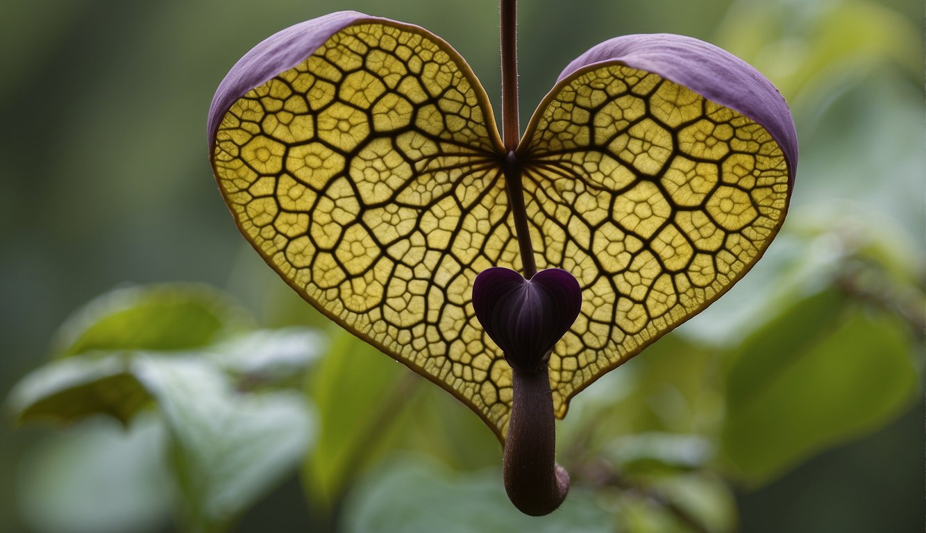 Aristolochia Gigantea climbs a tree, its large heart-shaped leaves and unique pipe-shaped flowers attracting pollinators and providing shelter for wildlife