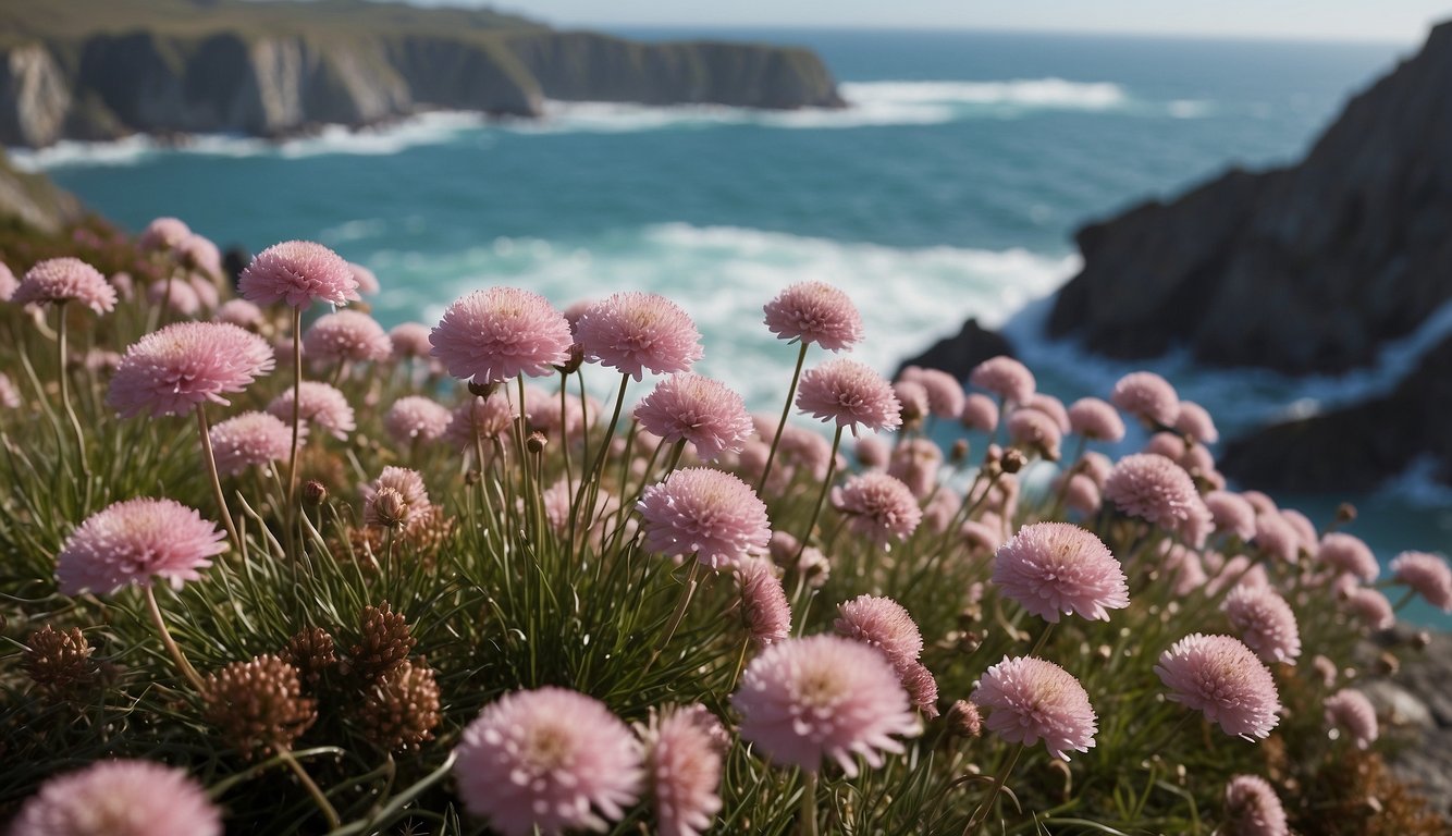 Sea Thrift blooms on the rocky coastal cliffs, surrounded by crashing waves and seagulls in flight